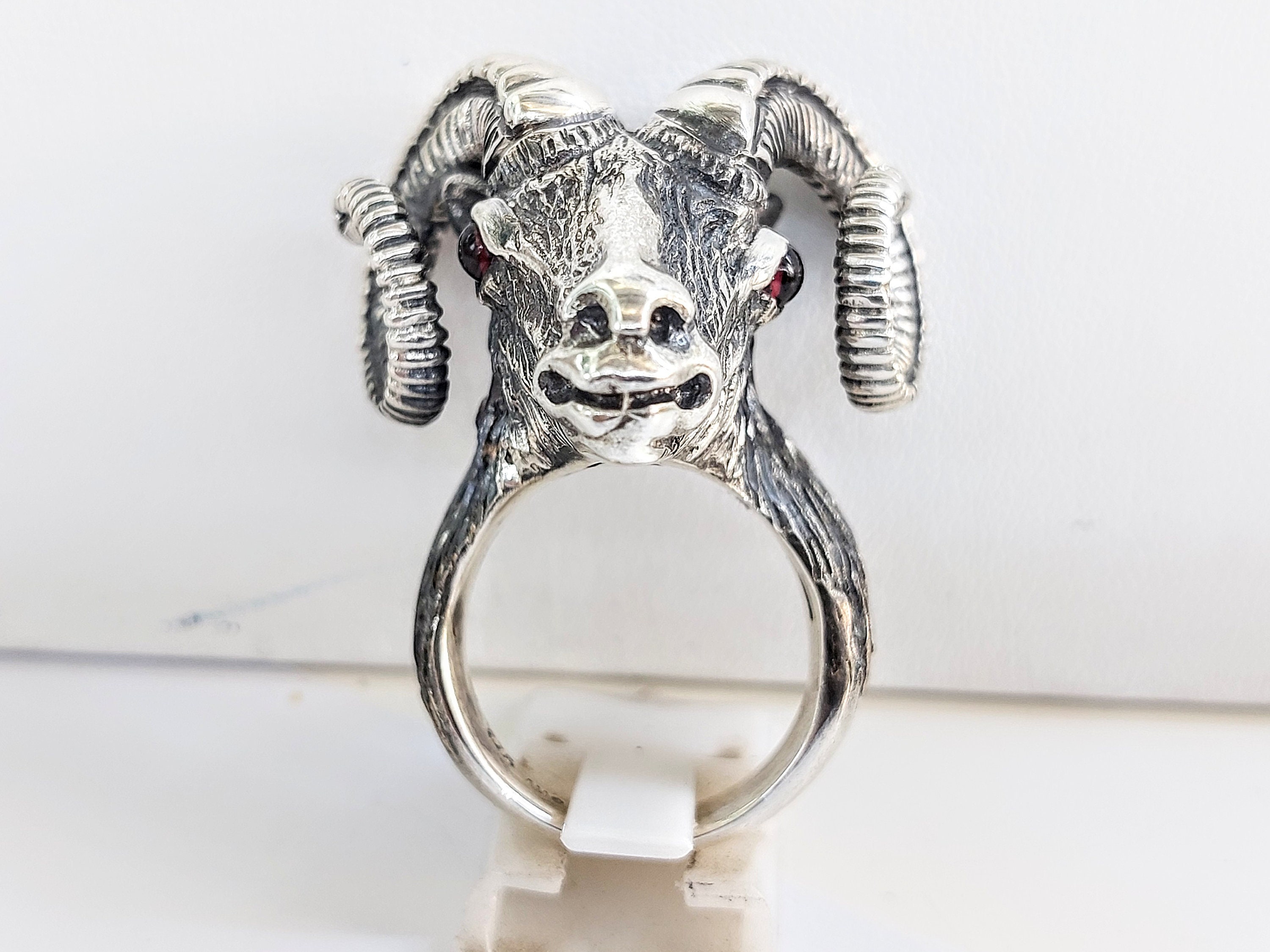 Large Ram Head Ring in Sterling Silver 925 Ram Jewelry Silver Ram Ring with Large Horns and Garnet eyes