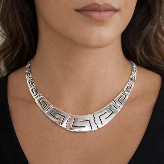 Wide Greek key necklace with tapered design, sterling silver 925 geometric meander design choker