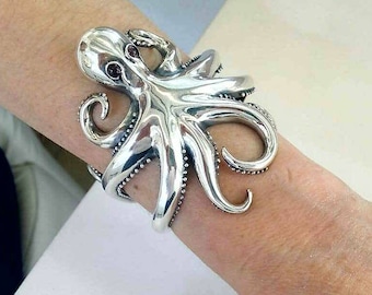 Unique Boho Octopus cuff bracelet in sterling silver, kraken jewelry.