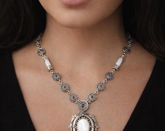 Baroque silver necklace adorned with mother of pearl and garnet gemstones, fine byzantine jewelry