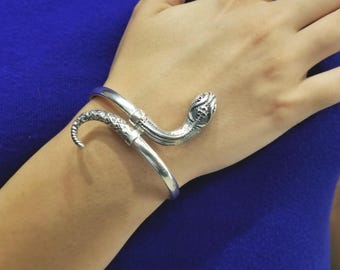 Sterling Silver Snake Bracelet, adjustable bangle bracelet with antique serpent theme.