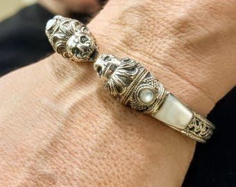 Sterling Silver Lion Head Bracelet with Byzantine Shank and Mother-of-Pearl Inlays,Handmade Statement Jewelry