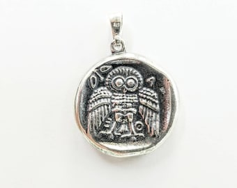 Sterling silver Goddess Athena coin replica, owl decadrachm pendant