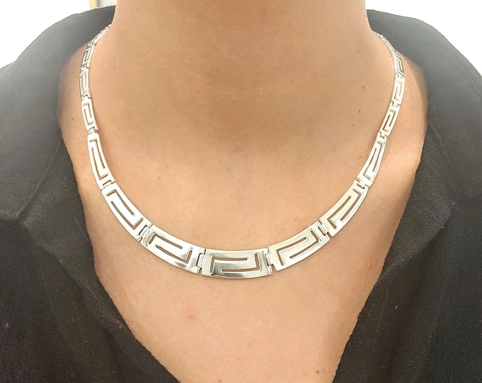 Sterling Silver Greek Key Choker Necklace, Geometric Meander Design, Gift for Her, Tapered necklace