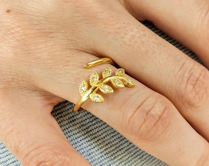 Gold Olive Branch Ring, 14K Gold Ring with Cubic Zirconia, Greek Nature Inspired Jewelry