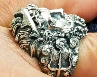 Greek God Poseidon Ring in sterling silver 925 with trident, Mythological Jewelry
