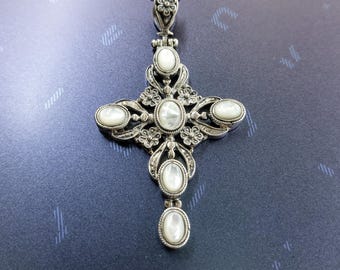 Handmade sterling silver Byzantine cross, oval mother of pearl gemstones, Greek Orthodox cross pendant, Christian religious jewelry, art