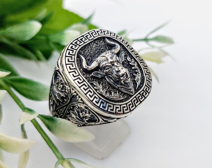 Sterling Silver Minotaur Ring for Men, Handmade Greek Mythology Ring with Minoan Bull Head and Greek key bezel