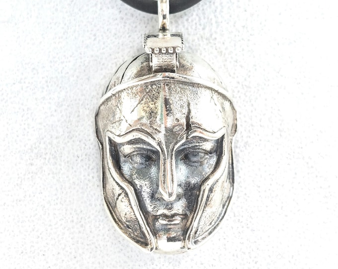 Warrior head necklace in sterling silver 925, gladiator pendant on black cord