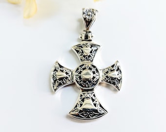 Sterling Silver Byzantine Cross Pendant: Intricate Filigree Religious Jewelry