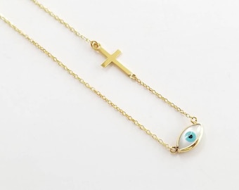 K14 Gold Evil Eye Necklace with Unique Off-Center Cross