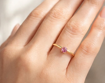 14K Gold Pink Sapphire Ring – Dainty Stackable Gemstone Band
