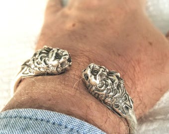 Large Lion Bracelet in sterling silver 925, adjustable jewelry
