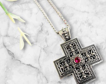 Sterling Silver Byzantine Cross Pendant with Red Gemstone, Handmade Square Cross with Engravings, Granulation & Perforated Design