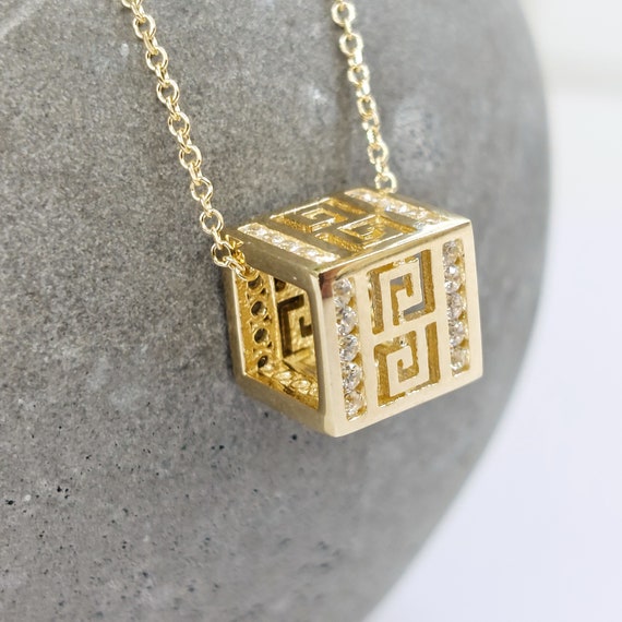 14K Gold Necklace, Greek Key pendant with zirconia gemstones