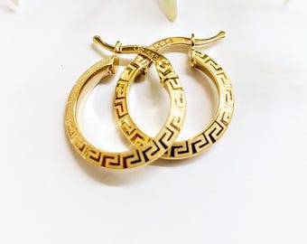 14K Solid Yellow Gold Greek Key Hoop Earrings, Satin Finish Meander Design, Everyday Luxury