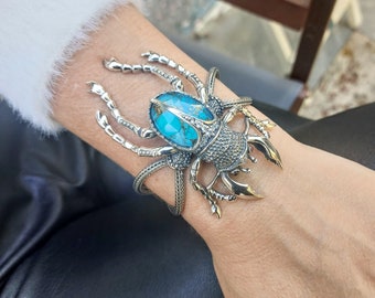 Boho chic silver scarab cuff bracelet, unique beetle design