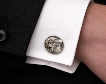Coin cufflinks of the Goddess  Athena in sterling silver 925, Greek jewelry for men