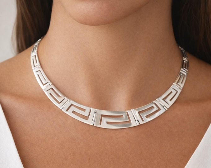 Featured listing image: Sterling Silver Greek Key Necklace 925 – Tapered Meander Pattern, Greek Jewelry Gift for Her
