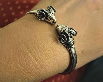 Ram head bracelet in sterling silver 925, adjustable ram cuff
