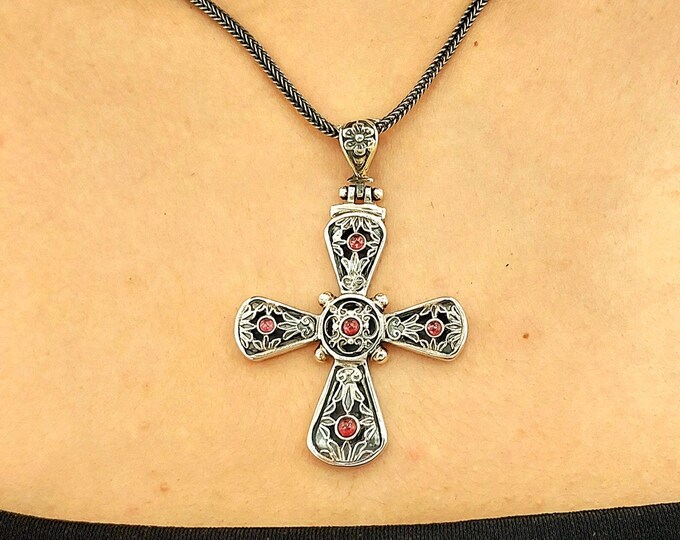 Handmade byzantine cross in sterling silver 925 with garnet gemstones, religious pendant, silver cross