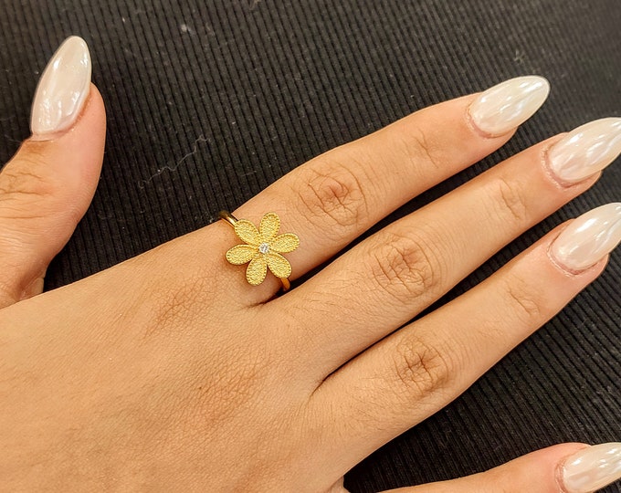 18K Gold Byzantine Ring with Diamond and Rotating Floral Design, Handcrafted Fine Jewelry