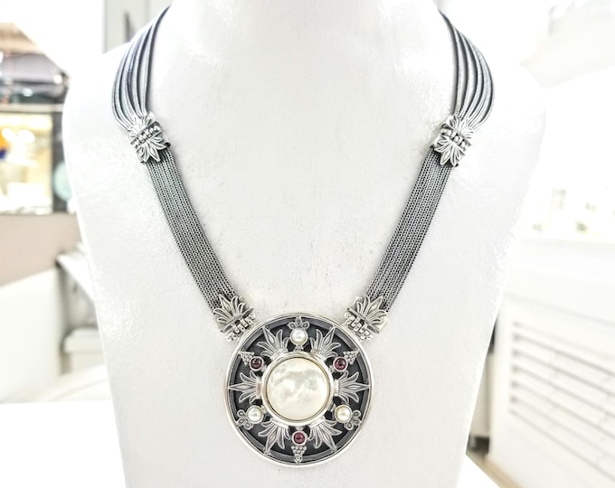 Sterling Silver Byzantine Necklace with Garnets, Pearls & Mother of Pearl, Baroque Statement Jewelry