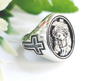 Jesus Christ ring, sterling silver 925, Holy Cross signet, religious accessory for him or her, spiritual jewellery.