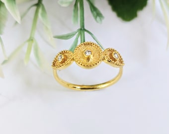 Elegant 18k Gold Diamond Ring  with granulated bezels and geometric byzantine themes.