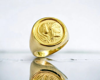 Goddess Athena Coin Ring, K14 Gold Signet Ring