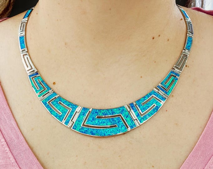 Sterling Silver Tapered Greek Key Necklace with Blue Kyocera Opal Inlays, Geometric Meander pattern