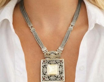 Handmade Sterling Silver Byzantine Necklace: Mother of Pearl & Garnets