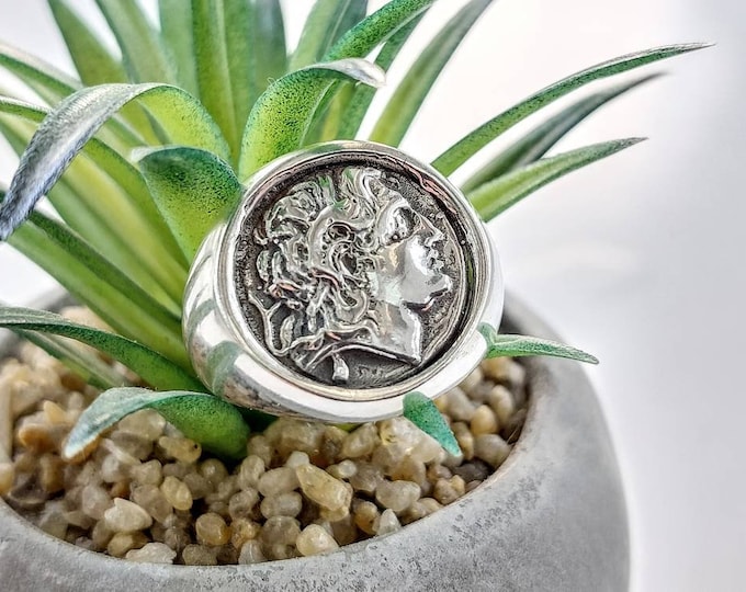Sterling Silver Alexander the Great Signet Ring, Handmade Coin Replica Ring