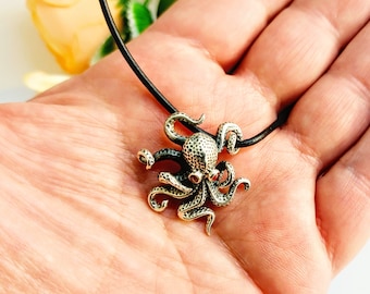 Sterling Silver Octopus Pendant with Garnet Eyes, Handmade Nautical Jewelry on Fine Black Leather Cord