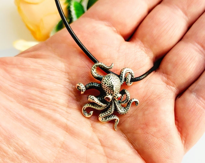 Sterling Silver Octopus Pendant with Garnet Eyes, Handmade Nautical Jewelry on Fine Black Leather Cord