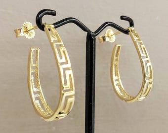 Greek key oval hoop earrings in 14K gold, Greek meander jewellery