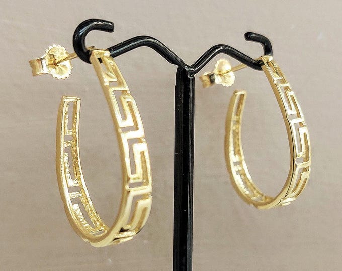 Greek key oval hoop earrings in 14K gold, Greek meander jewellery