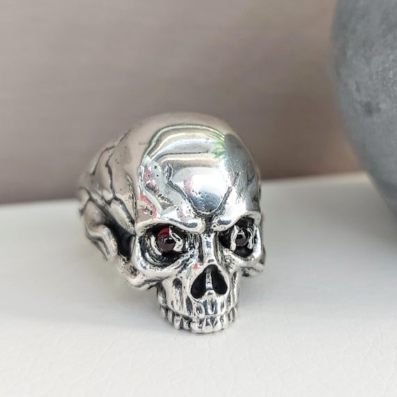 Sterling Silver Skull Ring with Garnet Eyes, Gothic Biker Statement Jewelry
