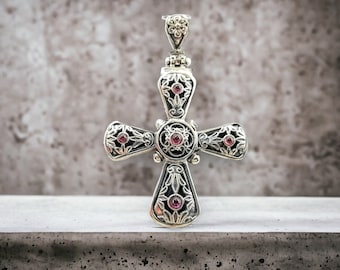 Handmade Sterling Silver Byzantine Cross Pendant with Garnet Gemstones, Religious Gift