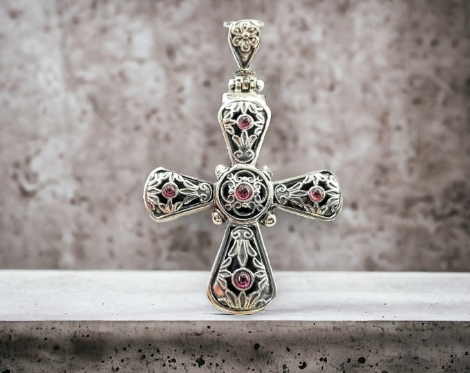 Handmade Sterling Silver Byzantine Cross Pendant with Garnet Gemstones, Religious Gift