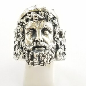 Greek Mythical God Poseidon, depicted on a sterling silver statement ring. Neptune ring for the Romans