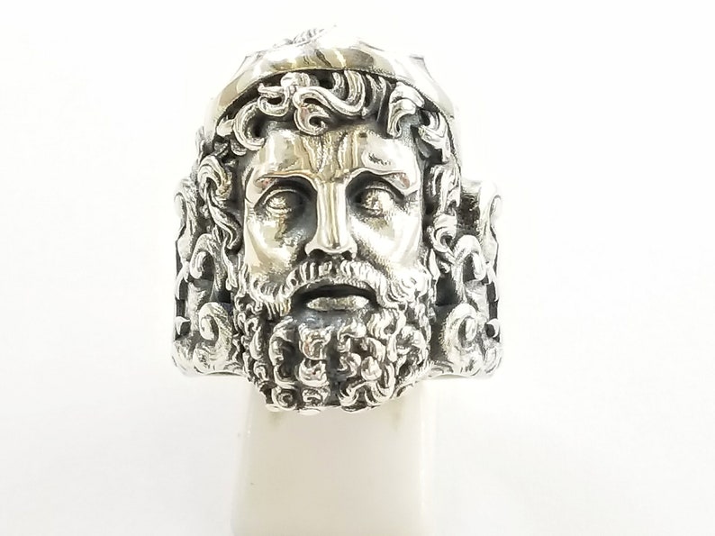 Greek Mythical God Poseidon, depicted on a sterling silver statement ring. Neptune ring for the Romans