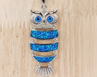 Owl pendant necklace in sterling silver with blue opal
