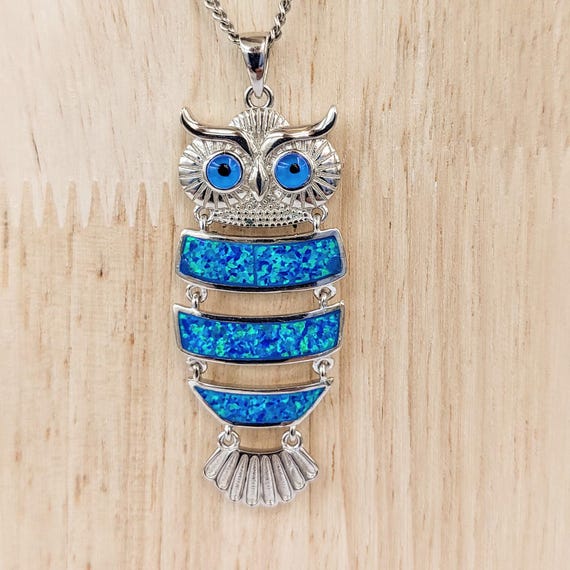 Owl pendant necklace in sterling silver with blue opal