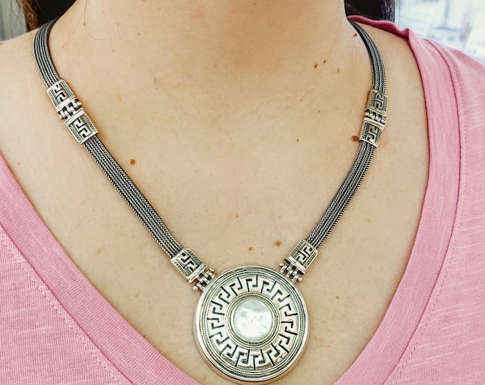 Sterling silver Greek key necklace with mother of pearl, handcrafted chain and gemstone pendant