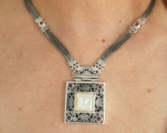 Handmade Sterling Silver Byzantine Necklace: Mother of Pearl & Garnets
