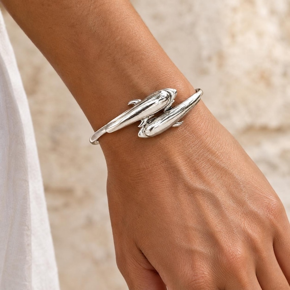 Double dolphin bracelet in sterling silver 925, marine-life jewellery
