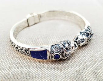 Sterling Silver Lion Head Bracelet 925 – Byzantine Style Cuff with Lapis Lazuli Inlays, Symbol of Strength Jewelry, Gift for him or her