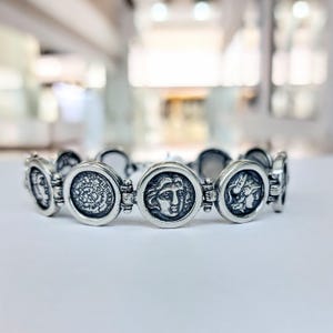 Bracciale con monete con repliche dell'antica Grecia in argento sterling 925, gioielli con monete