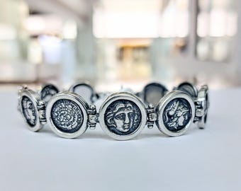 Coin Bracelet with Ancient Greek replicas in sterling silver 925, coin jewelry